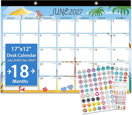 Desk Calendar 2026-2027 - 18 Month Desk Calendar july 2026-2027 Dec, 17" x 12", Large Monthly Desktop Calendar with Daily Blocks, Plastic Cover, Corner Protectors - (2 Stickers Included)