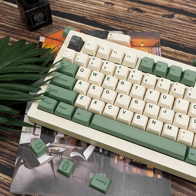 130 Keys Green PBT Keycaps, MDA Profile Dye Sub Custom Keycap, English ANSI Layout Beige Green Keycaps Botanical Key Caps for Cherry MX Mechanical Keyboard