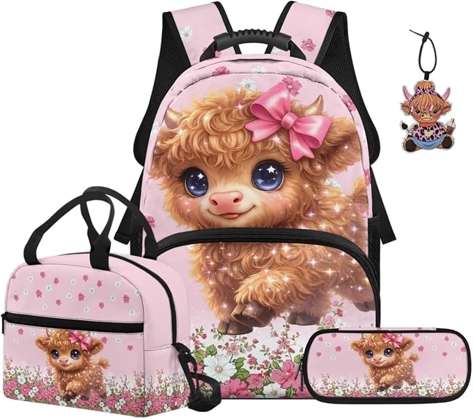 ZFRXIGN Cute Highland Cow Kids Backpack for Girls 4-6 6-8 Bookbag with Cute Pendant 17inch Elementary School Bag and Insulated Lunch Box Portable Pencil Case