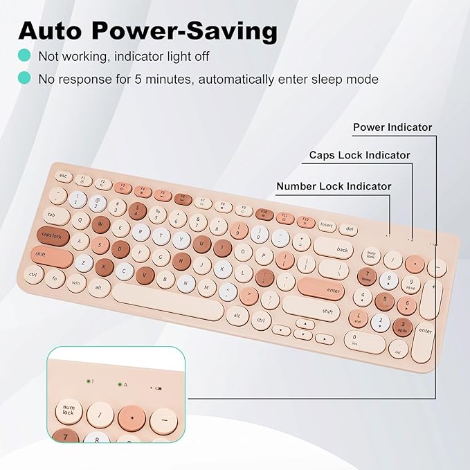 Wireless Keyboard and Mouse Combo, Retro Typewriter Keyboard with Round Keycaps, 2.4GHz USB Cute Wireless Keyboard Mouse for Computer, Desktop, Laptop (Milk Tea Colorful)