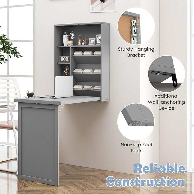 Wall Mounted Desk, Fold Out Convertible Desk with Storage Shelves, Space Saving Wall Folding Table, Home Office Floating Desks for Small Spaces (Grey)