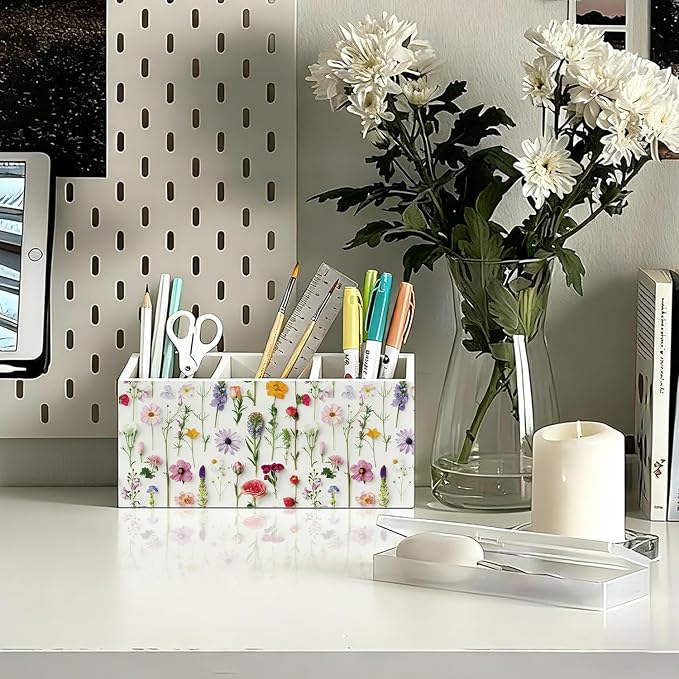 Floral Pen Pencil Holder for Desk Accessories, Cottagecore Colorful Wildflower Botanical Wooden Box Sign Decorations for Girls Room Bedroom Dorm Home Office Desk Tabletop