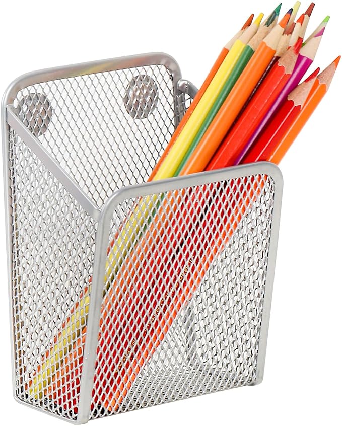 LUCYCAZ Magnetic Pen Holder,Single Magnetic Pencil Locker Holder Organizer | Mesh Marker Holder Pen Basket for Whiteboard, Refrigerator and Locker (Silver)