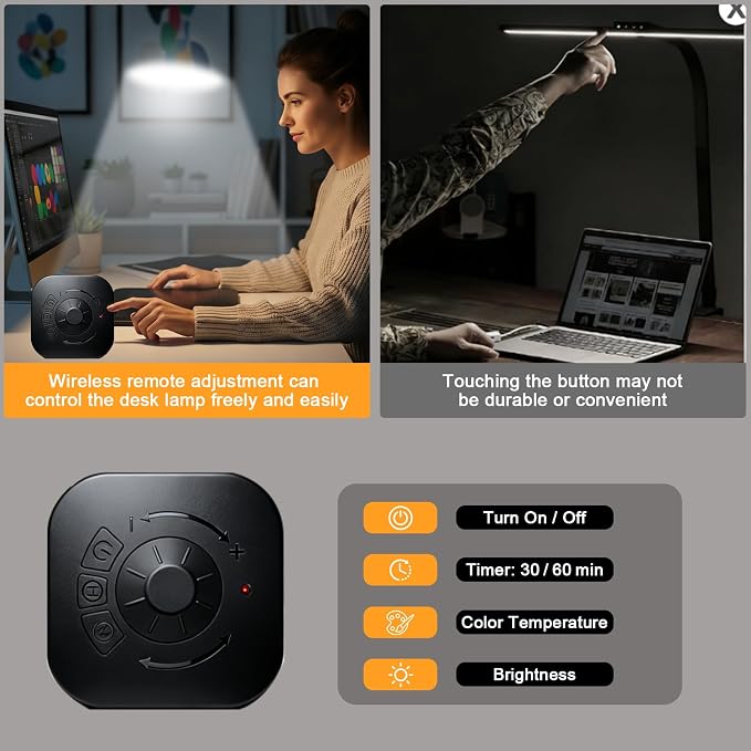 Pro LED Desk Lamp with Remote Control, Eye-Caring CRI95+ Dimmable Light, 3000K–6000K Adjustable Color Temperature, Flexible Angle, Clamp or Base Mount, for Home Office, Reading & Video Calls, 2 Pack