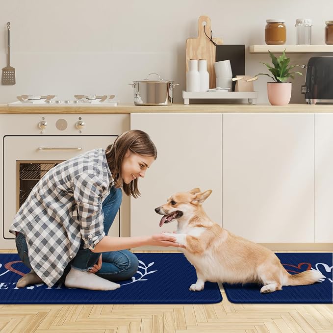 HappyTrends Kitchen Mat for Floor, 2PCS Cushioned Anti-Fatigue Kitchen Rugs, Waterproof Non-Slip Standing Mats and Rugs Set for Kitchen, Office, Laundry, Navy, 17.3"×30"+17.3"×59"