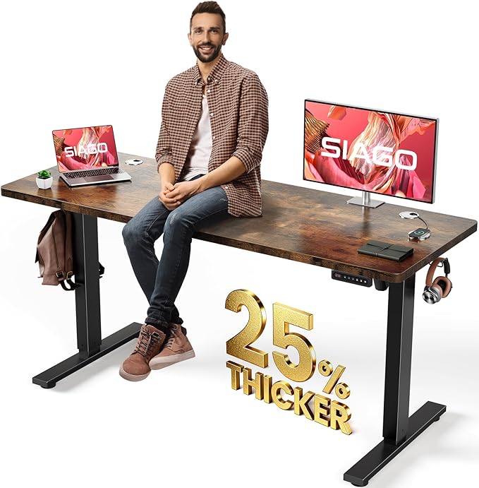 SIAGO Electric Standing Desk Adjustable - 63 x 24 Inch Sit Stand up Desk with 0.8 Inch Thick Tabletop - Adjustable Height Table with 3 Memory Preset, Cable Management for Home Office
