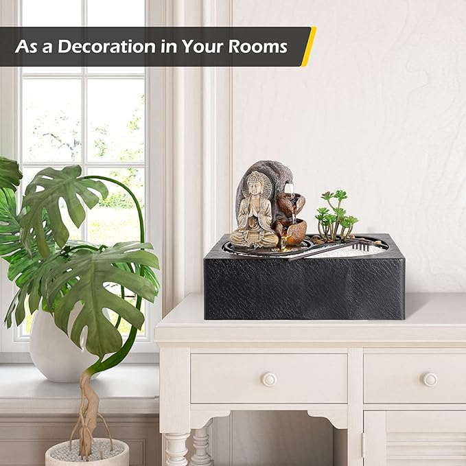 Dyna-Living Water Fountains Indoor Small Tabletop Water Fountain Waterfall Fountain with Zen Garden LED Warm Light Buddha Fountains Indoor for Home Zen Room Decor