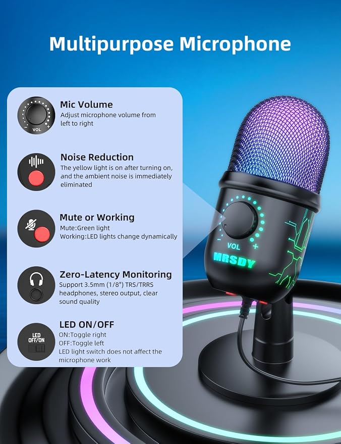 MRSDY USB Gaming Microphone for PC with Noise Reduction, Mute, Gain, RGB | Condenser Mic, Headphone Jack, Suitable for PC, Computer, PS4, PS5, Mac, Streaming, Podcasting, Recording, YouTube, Discord
