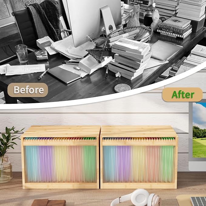 Bamboo Hanging File Organizer, Desktop File Box with Lids, 2 Pack, Natural | Removable Lid, Clear Acrylic Side Panels, 4 Hanging Folders Included, Helps Reduce Dust, Letter & Legal Size, Easy Assembly