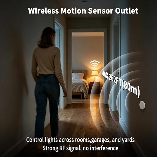 NineLeaf Wireless Motion Sensors Plug, PIR Sensor Outlet with Timer Setting to Auto Turn On/Off, Adjustable Detection Range, 15A/1500W Remote Control Plug for Christmas Lights, Fans(2Sensor 5Plugs)