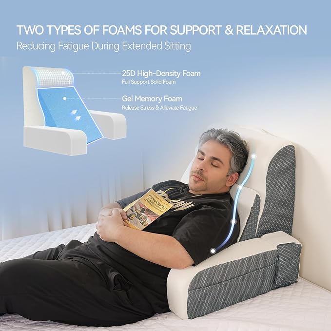 Kayfia Reading Pillow, Gel Memory Foam Back Rest Pillow, 21'', White | 3 Storage Pockets, Dual-Use Back Leg Support Pillow, Detachable Armrests, Ideal for Reading, Gaming, Working on Bed & Couch