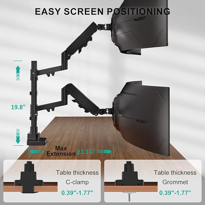 WALI Vertical Dual Monitor Stand for 17-49 inch Ultrawide Curved Screens, Heavy Duty Stacked Dual Monitor Mount with Tall Pole, Adjustable Gas Spring Monitor Arm up to 33lbs, 75/100mm VESA, Black