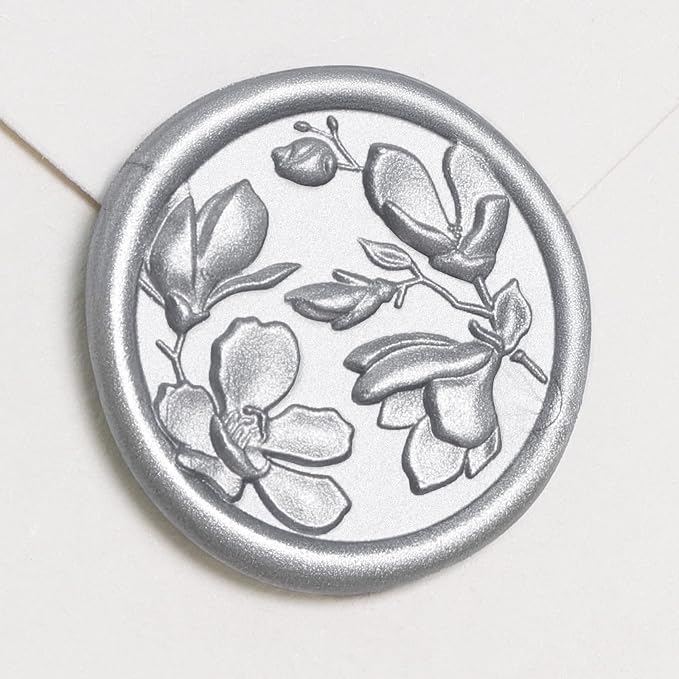 UNIQOOO Wax Seal Stickers - 3D Magnolia Wedding Invitation Envelope Botanical Seal Stickers, 50 Pcs Self- Adhesive Silver Stickers, Perfect for Invitation, Christmas, Gift Wrapping, Party