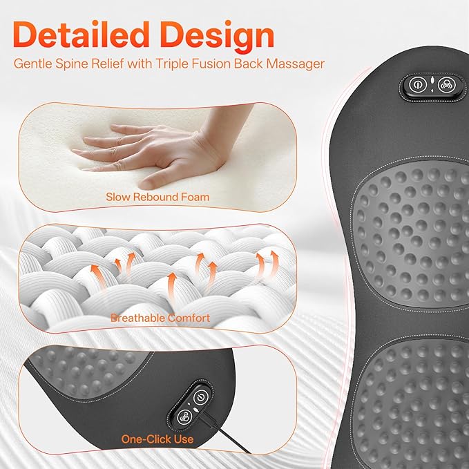 Triple Fusion Back Massager with Heat, Vibration & Air Traction, 3-in-1 Electric Lumbar Support Pillow for Lower Back Pain Relief, Spinal Decompression Device for Bed, Office Chair, Couch and Recliner