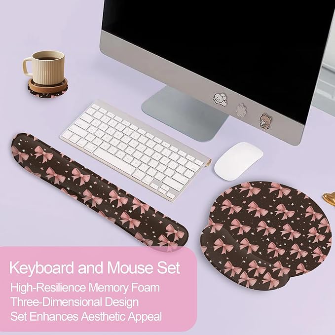 Cute Pink Bows Keyboard Wrist Rest Pad Mouse Pad Set,Ergonomic Mousepad Wrist Support Memory Foam Desk Pad for Gaming Office,Non-Slip Rubber Base Easy Typing for Home Office Computers