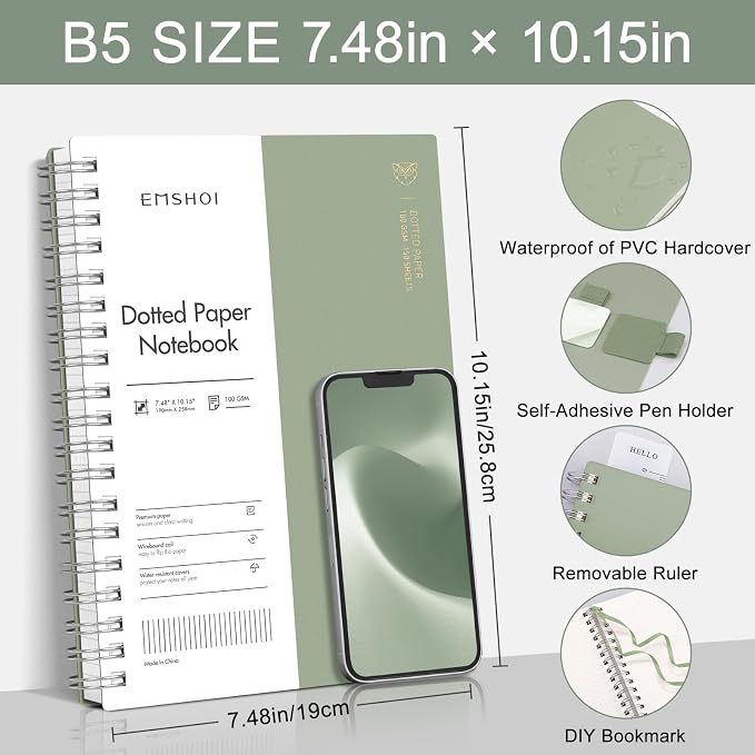 EMSHOI Spiral Notebook B5 Dotted journal, Dotted Grid Notebook with 300 Pages, 100gsm Thick Paper, 7.48" × 10.15", Waterproof Softcover Notebook for Journaling Writing - Light Green