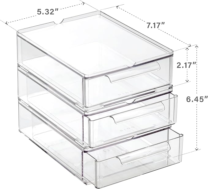BINO | Clear Stackable Storage Drawers, Small - 3 Pack | Clear Storage Drawers with Built-In Handles | Durable Plastic Organizer Drawer | Modular Stackable Drawer Acrylic Organizer