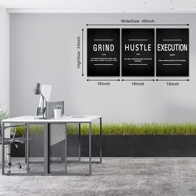 KAWAHONE Grind Hustle Execution Quotes Framed Wall Art, Inspirational Painting Prints Poster Wall Decor Motivation Canvas Entrepreneur Wall Picture for Home Office Business Workplace Ready to Hang