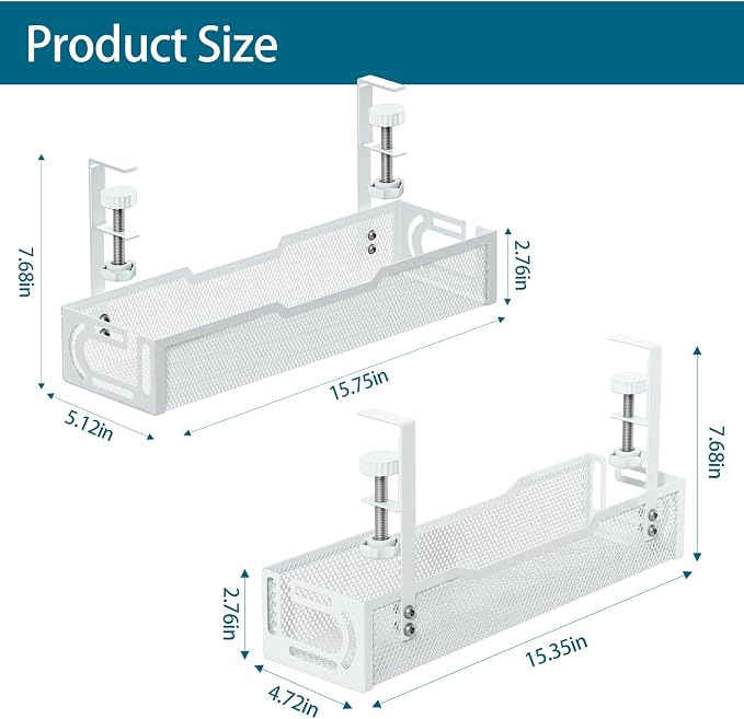 2Pack Under Desk Cable Management Tray, No Drill Mesh Desk Cable Tray | Wire Management Tray Cable Management Rack, Cord Organizer and Cable Management Box (White)