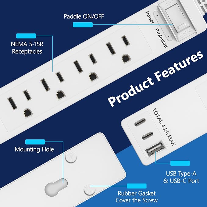 LIDER Outlet Extender with 4 Receptacles, USB-A & 2 USB-C, Ultra-Thin Flat-Plug, 4-Outlet Power Strip, Surge Protector 1500 Joules, 5ft Cord, 1250W, ETL Listed, Matte White, 2-Pack