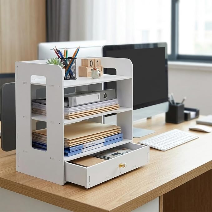Desk Organizer, 3-Tier File Organizer for Desk with Drawer, Letter Tray Paper, Desktop Document Sorter for Letter, File Folder Holder for Office, Home or School- White MLT002W3