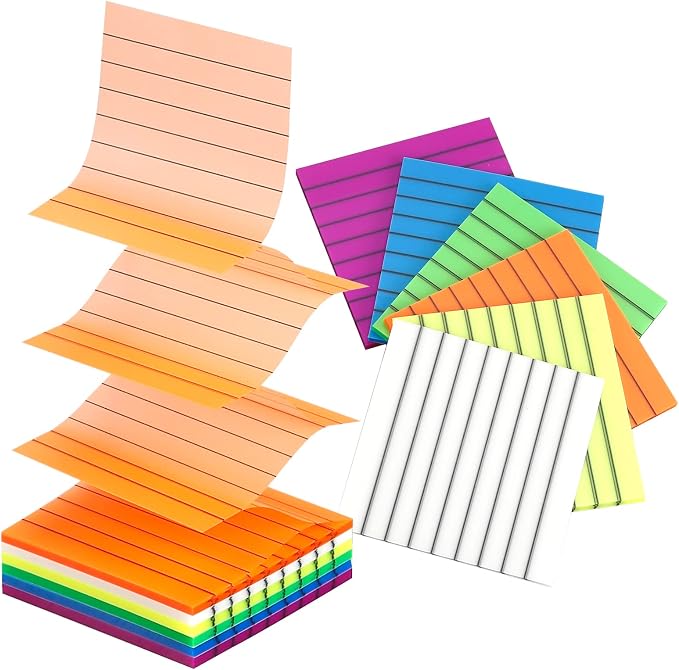 6 Pads Pop Up Transparent Sticky Notes Lined, 300 Sheets 3x3 inch Clear See Through Translucent Sticky Notes with Lines 6 Bright Color Pop-Up Pads Match Post Dispenser Office School Home Supplies