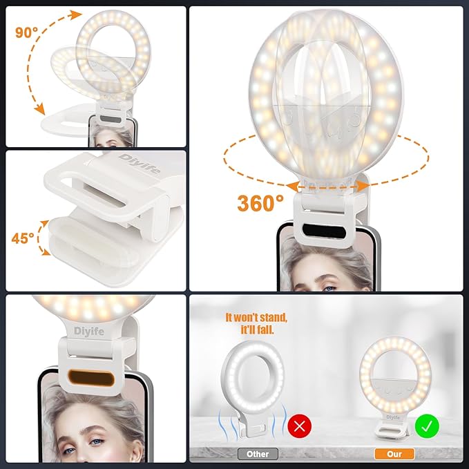 Diyife Selfie Ring Light, [360° Rotation] Rechargeable 1000mAh Selfie Light for Phone, 60 LED 10 Level Brightness Portable Phone Clip on Light for Laptop, Makeup, Vlog, TikTok, Video Recording