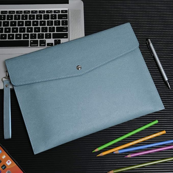 Wonderpool A4 PU Leather Envelope Documents File Portfolio Large Capacity Folders Travel Bag for Paper Letter Stationery Organizer and Tablet Case PC Sleeve (Light Blue)