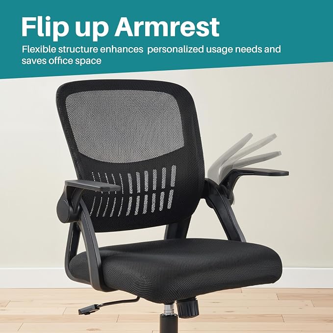OLIXIS Ergonomic Office Desk Chair, Executive Mid-Back Computer Chair with Comfortable Lumbar Support & Rocking Mode, Height Adjustable with Flip-up Armrest, 360° Swivel, for Adults, Black