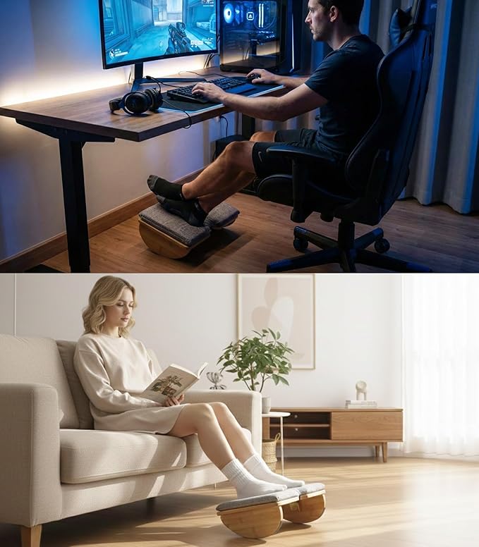 Bamboo Foldable Foot Rest Under Desk with Washable Cushion,Ergonomic Foot Stool,Rocking Footrest for Under Office Desk, Desk Leg Rest for Home Office (Natural Color)