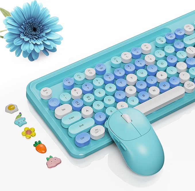 Wireless Keyboard and Mouse Combo, Retro Round Keycaps, Full-Size Stylish Typewriter Keyboard with Phone/Tablet Holder, Ergonomic Mouse with 3-Level DPI, 2.4GHz Connection for Windows/PC (Ice Blue)