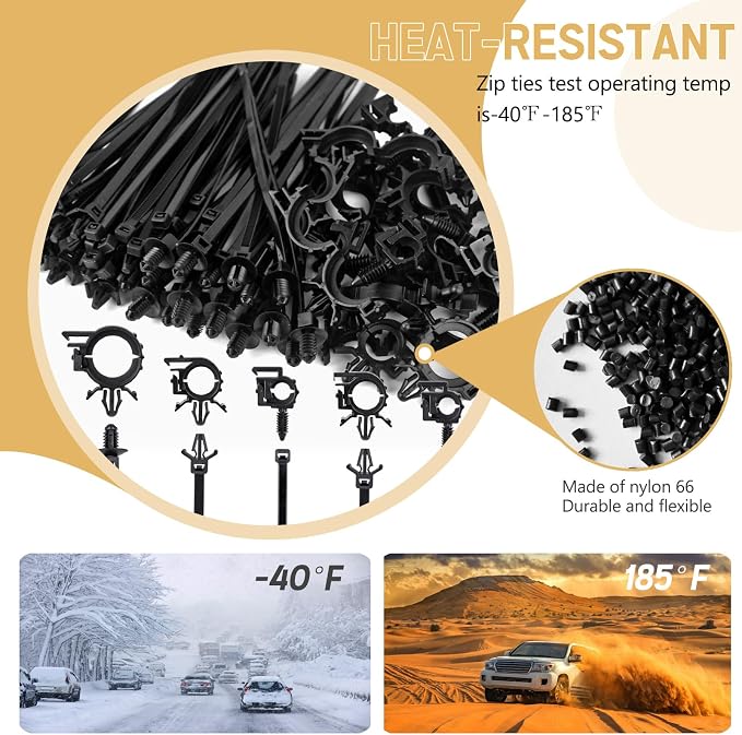 180pcs Nylon Universal Cable Tie Buckle with Car Wire Loom Routing Clips | UNIGT Push Mount Cable Zip Tie Compatible with GM Ford Trucks Cars Sedan UTV Engine Bay Self Locking Straps