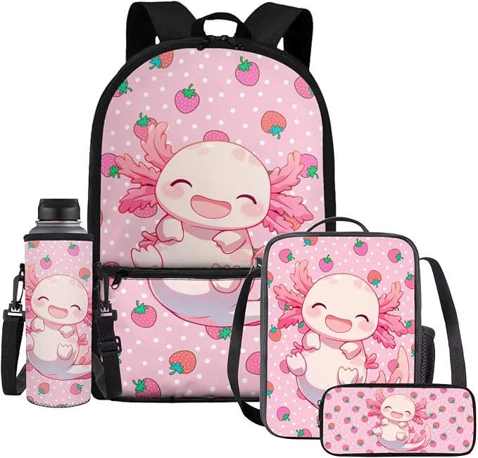 WELLFLYHOM 6-11 Kid Cute Axolotl 4 In 1 Bookbag Set, Pink 17 Inch Strawberry Backpack with Lunch Box for Girls, Back to School Supplies for Elementary Students, Mochila Para Niñas