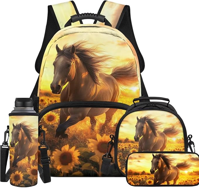 Ystardream Prancing Horse Backpack and Lunch Bag Set for Girls School Bags for Teens Kids Elementary Middle School Backpack Bookbag with Spacious Interior Storage for Both Travel and School Use