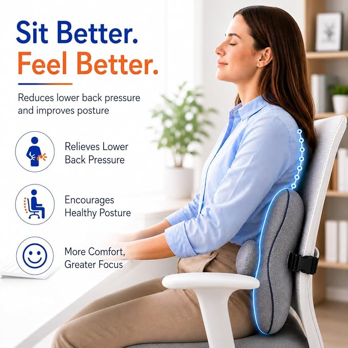 Pampkin Ergonomic Lumbar Support Pillow with Adjustable Strap | High-Density Memory Foam Back Cushion for Office Chair & Car | Back Pain Relief & Posture Support