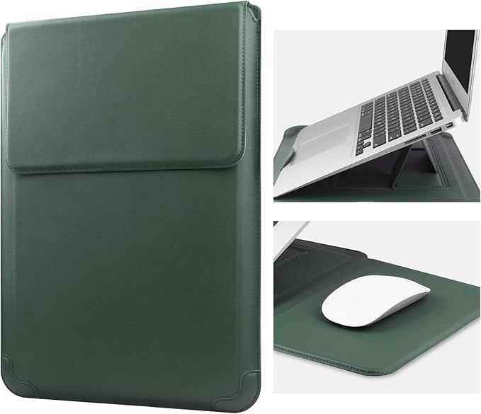HoYiXi 14 Inch Laptop Sleeve Case Leather Bag with Stand Compatible with Mac Book Pro 14 2021/ASUS Vivobook 14/HP Pavilion X360/IdeaPad 14/Dell HP ASUS Acer Huawei Matebook 14'' PC, Green