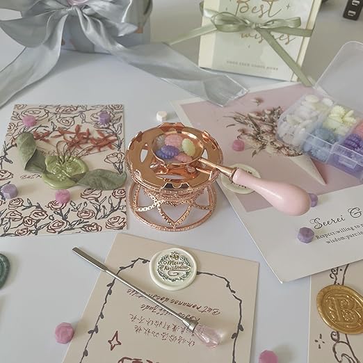 Metal Wax Seal Warmer Kit with Spoon and Stirring Stick, for Wedding Wax Envelope Seal Stamp (Small Waist Rose Gold Stove)
