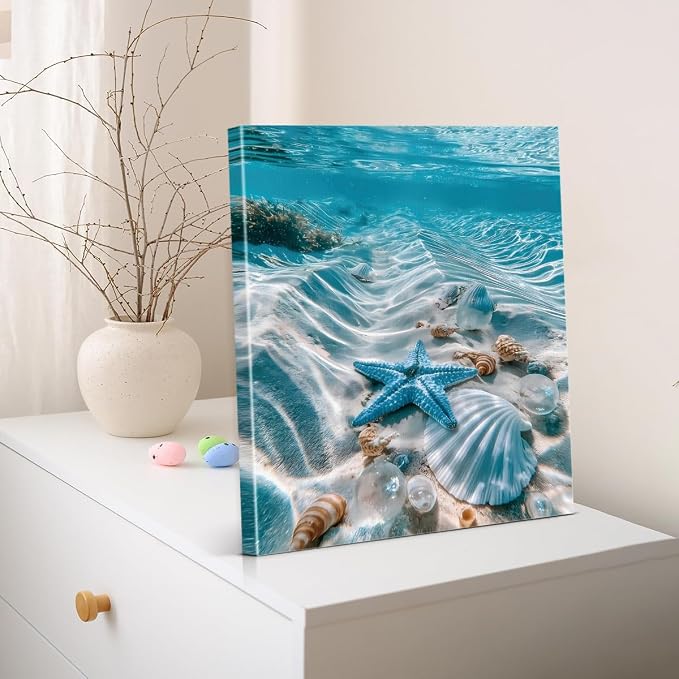 Coastal Beach Seashell Wall Art Decor Blue Ocean Starfish Painting Picture Artwork Seascape Aesthetic Wall Decor for Home Beach Room Bedroom 11x15 Canvas Framed