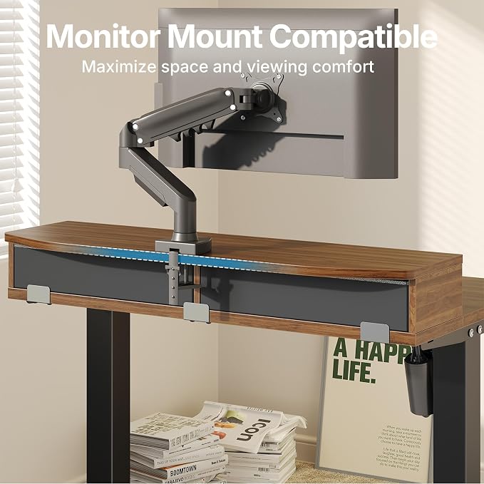 HUANUO 32 x 21 inch Small Electric Standing Desk with 2 Drawers, C-Clamp Mount Compatible, Height Adjustable Sit Stand Desk, Home Office Stand Up Desk with 4 Memory Height Settings, Walnut