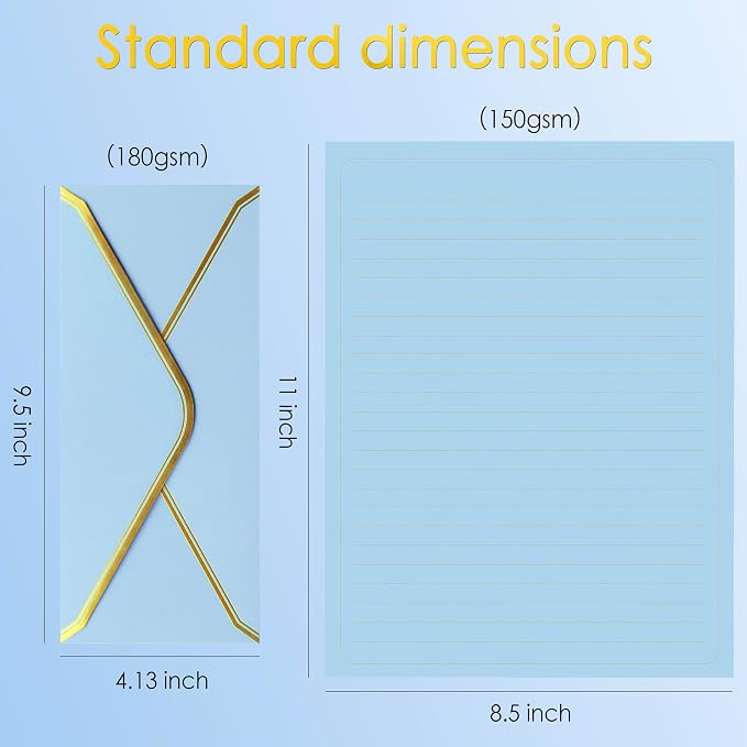 J6&H6 Gold Thread Stationary Paper and Envelopes Set Including 12 Standard Sized Phnom Penh Envelopes and 24 Sheets of Lined Paper Suitable for Daily Emotional Expression Formal (Lake Blue)