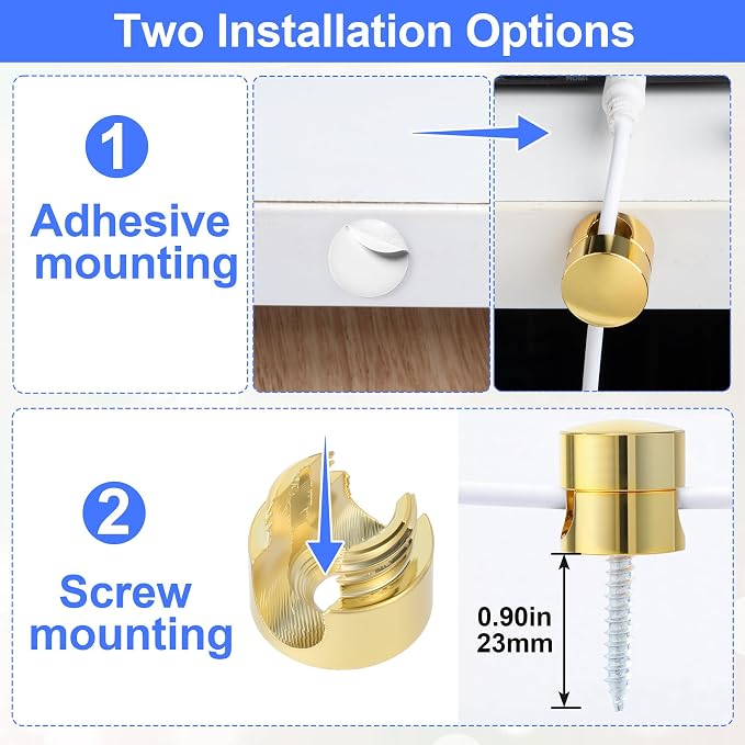 SmallCat 10 Sets Charger Holders for Cords, Gold Color Adjustable Cable Anchor Holders, Adhesive Metal Cord Clips, Cable Management Wire Organizers for Desk, Office, Nightstand