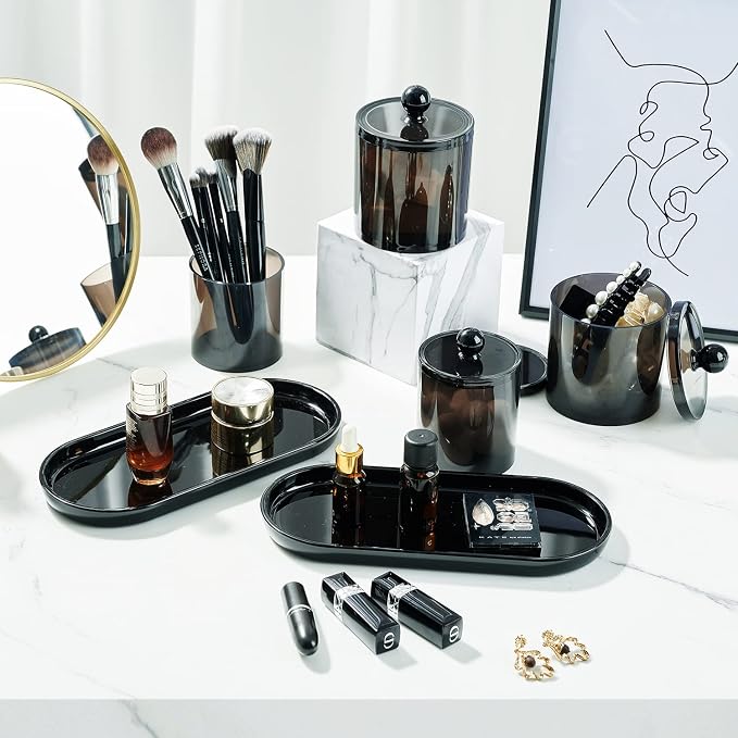 SheeChung Acrylic Vanity Tray, Bathroom Makeup Organizer Countertop, Black | 9.65" x 4.5", Perfume Jewelry Candle Dispenser Catchall Tray, Sturdy Holder for Cabinet Shelf Closet Drawer Organizer, 2 Pack