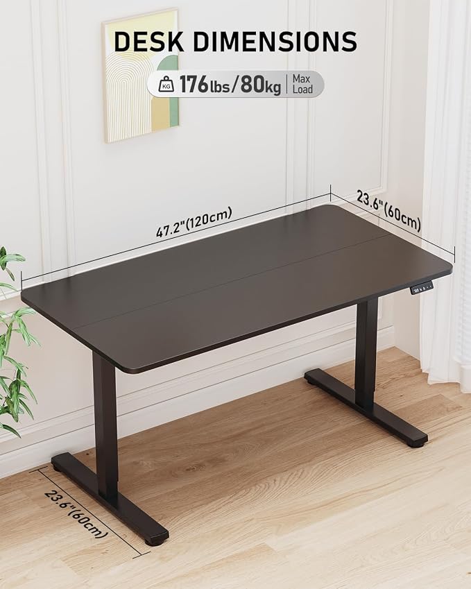 48" Electric Standing Desk Adjustable Height, Sit Stand up Desk for Home Office & Computer Workstation, 2 Memory Height Settings, Splice Board, 2 Hooks, Black Frame/Black Top