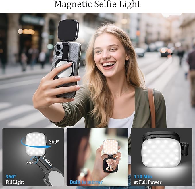 MagSafe Magnetic Selfie Light with Mirror for iPhone – Rechargeable LED Fill Light, CRI≥95, 5 Color Temps, Foldable Portable Ring Light for Vlog, Makeup, Back‑Camera & Video Recording，Photography