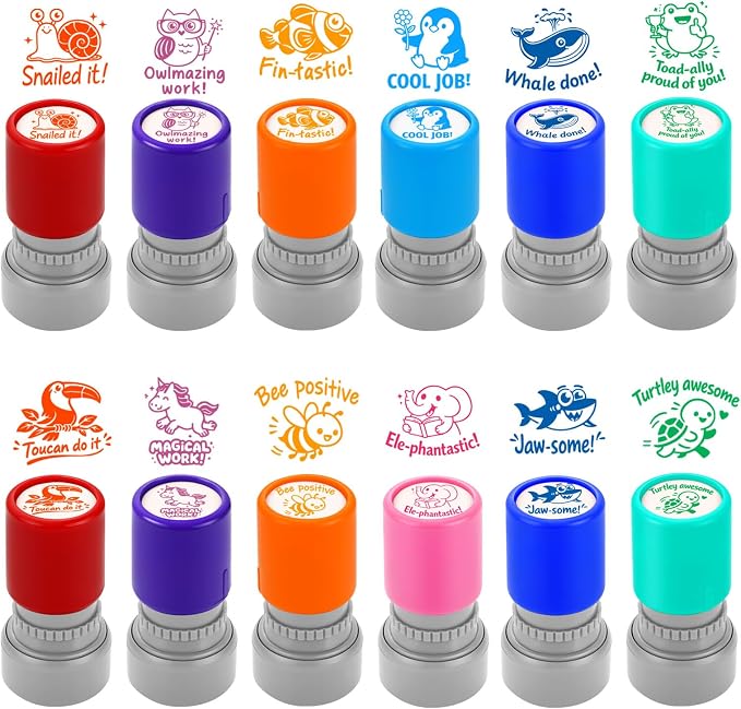 12Pcs Animal Teacher Stamps for Classroom, Teacher Appreciation Gifts, Self Inking Grading Stamps Set | Motivational Student Reward Stamps with Bees Sharks Owls, Classroom Essentials for Elementary