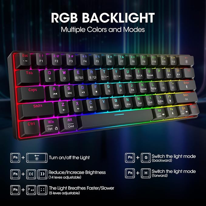 KOORUI 60% Gaming Keyboards, 61 Keys Wired Ultra-Compact Mechanical Keyboard 26 RGB Backlit with Red Switch Mini Keyboards for Windows MacOS Linux