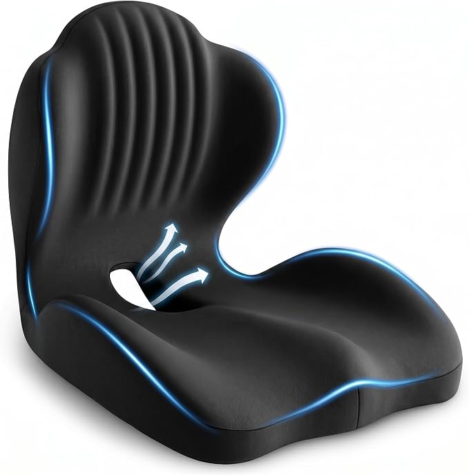 Ergonomic Seat Cushion with Lumbar Support (Black) | Office Chair Seat Cushion, Memory Foam Orthopedic Cushion with Tailbone Hollow, Sciatica & Back Pain Relief for Long Sitting