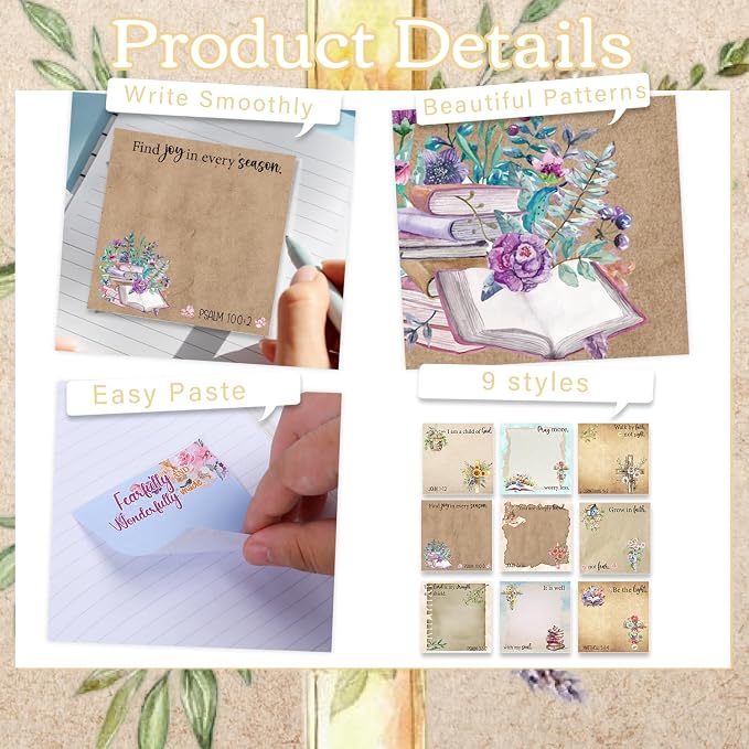 Floral Bible Sticky Notes Gifts, 9 Pack Flower Bible Verse Notepads 3x3 Inches, Vintage Religious Faith Gifts for Christian Women, Biblical Memo Pads School Office Supplies (450 Sheets)