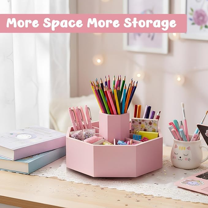 360° Rotating Pencil Holder for Desk Bamboo Rotating Marker Pen Desk Organizer Art Supply Gifts or Desktop Storage Caddy, Crayon, Marker, Pencil(Light Pink)