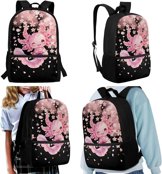 WELLFLYHOM 17 Inch Axolotl School Backpack for Kids Girls, Cherry Blossom 4PCS Set Pink Elementary Bookbag with Lunch Box for 6-11 Years, Back to School Supplies